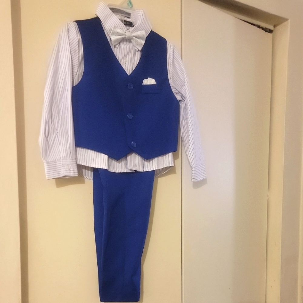 Andrew Fezza Blue Vest and Pants Set with Striped Shirt and Bow Tie 4pcs